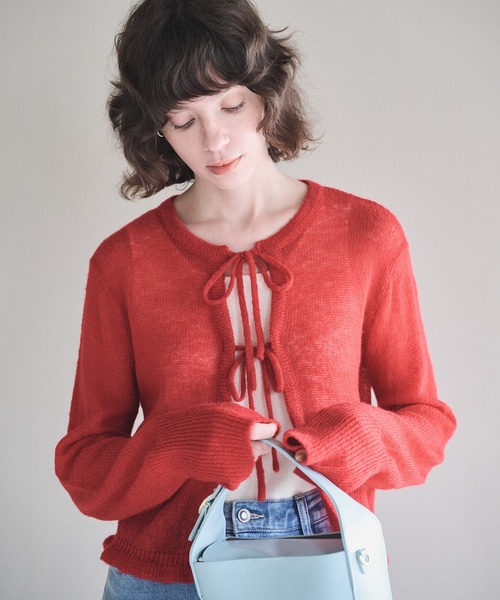 N.（N. Natural Beauty Basic）（エヌエヌナチュラルビューティーベーシック）の「◆フロントリボンニットカーディガン（カーディガン/ボレロ・レディース・レッド/ホワイト×ブラック/グレー・MEDIUM）」の3枚目の写真