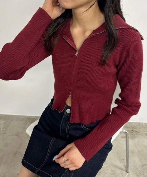 OLIVE des OLIVE（オリーブデオリーブ）の「ダブルジップビッグカラーリブニット　1032050190（ニット/セーター・レディース・ボルドー/ブラック/トップグレー/ピンク/オフホワイト・FREE）」の5枚目の写真