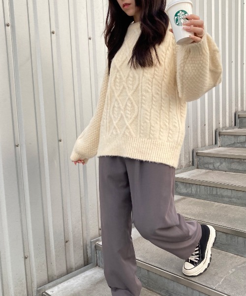 MIEL CRISHUNANT（ミエルクリシュナ）の「ケーブル柄クルーネックプルオーバーニットトップス（ニット/セーター・レディース・ブラック/ホワイト/ベージュ・FREE）」の19枚目の写真