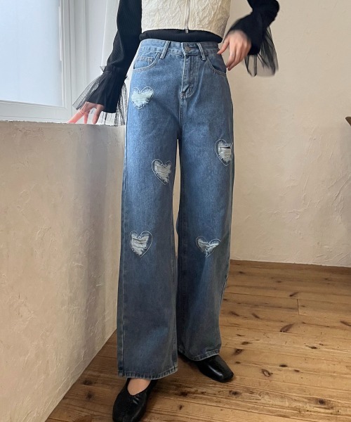 セール】ハート色抜きダメージデニムパンツ（デニムパンツ）｜Rejoule  