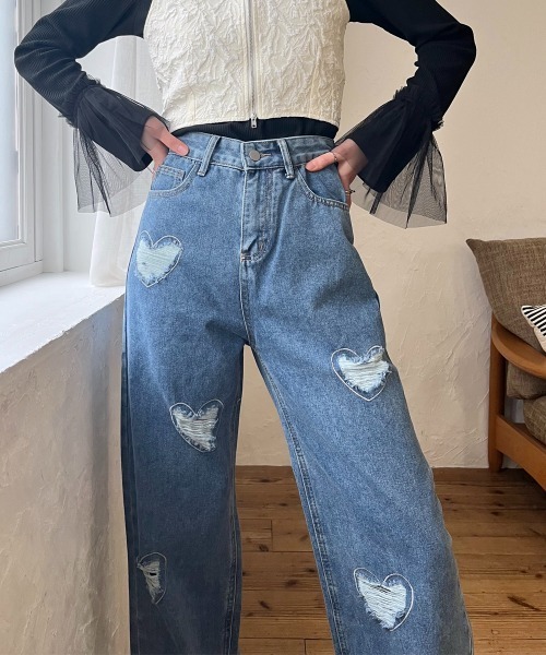 セール】ハート色抜きダメージデニムパンツ（デニムパンツ）｜Rejoule  