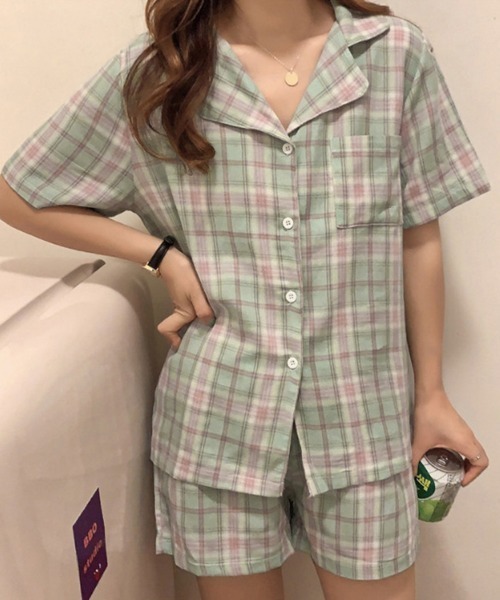 Miniministore(ミニミニストア)の「韓国 パジャマ 上下セット ルームウェア(ルームウェア/パジャマ・レディース・イエロー×グリーン/グレー/パープル/サーモンピンク/ピンク/レッド/ブルー/ブラック/ミント・FREE)」の3枚目の写真