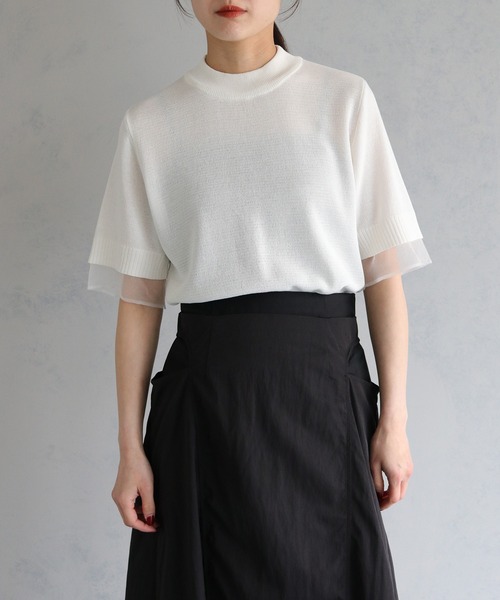 &g'aime(アンジェム)の「【&g’aime】袖シースルーハーフニットトップス(ニット/セーター・レディース・ブラック/ブルー/ホワイト・FREE)」の4枚目の写真