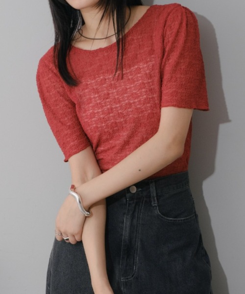 Kastane(カスタネ)の「シアーフラワー5分袖TEE(Tシャツ/カットソー・レディース・レッド/ブラック/サックスブルー/アイボリー・FREE)」の4枚目の写真