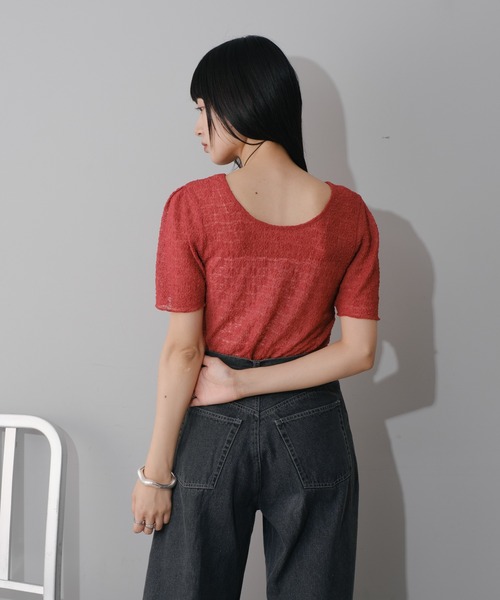 Kastane(カスタネ)の「シアーフラワー5分袖TEE(Tシャツ/カットソー・レディース・レッド/ブラック/サックスブルー/アイボリー・FREE)」の7枚目の写真
