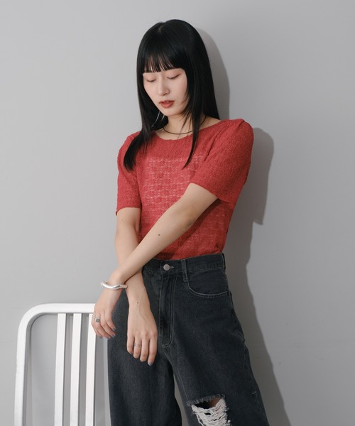 Kastane(カスタネ)の「シアーフラワー5分袖TEE(Tシャツ/カットソー・レディース・レッド/ブラック/サックスブルー/アイボリー・FREE)」の5枚目の写真