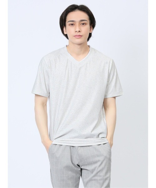 m.f.editorial(エムエフエディトリアル)の「【メッシュ ストレッチ】m.f.エディトリアル メンズ 転写 プリント Vネック 半袖 Tシャツ(Tシャツ/カットソー・メンズ・ライトグレー/ブルー/ホワイト×ブラック・MEDIUM/LARGE/X-LARGE)」の1枚目の写真