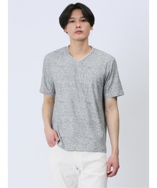 m.f.editorial(エムエフエディトリアル)の「【メッシュ ストレッチ】m.f.エディトリアル メンズ 転写 プリント Vネック 半袖 Tシャツ(Tシャツ/カットソー・メンズ・ライトグレー/ブルー/ホワイト×ブラック・MEDIUM/LARGE/X-LARGE)」の5枚目の写真