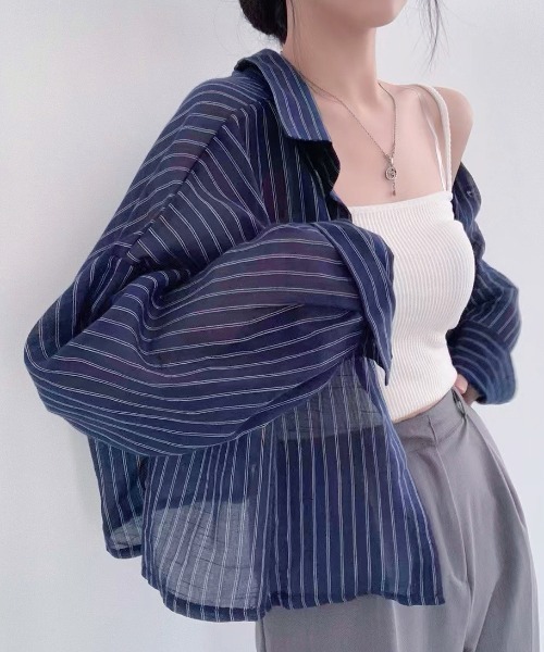 DIAVEL（ディアベル）の「ストライプショートシアーシャツ（シャツ/ブラウス・レディース・ホワイト/ブルー/ブラック・M）」の3枚目の写真