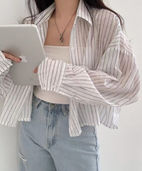 DIAVEL（ディアベル）の「ストライプショートシアーシャツ（シャツ/ブラウス・レディース・ホワイト/ブルー/ブラック・M）」の10枚目の写真