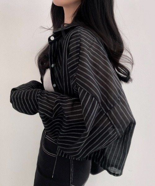 DIAVEL（ディアベル）の「ストライプショートシアーシャツ（シャツ/ブラウス・レディース・ホワイト/ブルー/ブラック・M）」の12枚目の写真