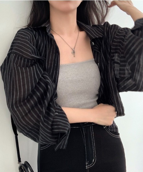 セール】ストライプショートシアーシャツ（シャツ/ブラウス