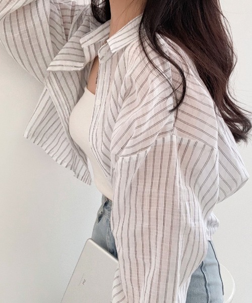 DIAVEL（ディアベル）の「ストライプショートシアーシャツ（シャツ/ブラウス・レディース・ホワイト/ブルー/ブラック・M）」の4枚目の写真