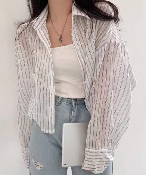 DIAVEL（ディアベル）の「ストライプショートシアーシャツ（シャツ/ブラウス・レディース・ホワイト/ブルー/ブラック・M）」の8枚目の写真