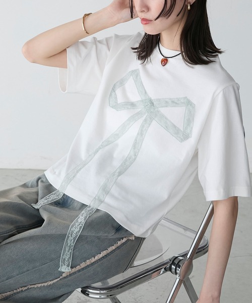 forksy.(フォルクシー)の「【forksy.】レースリボンドッキングTシャツ(Tシャツ/カットソー・レディース・ブラック/オフホワイト・FREE)」の2枚目の写真