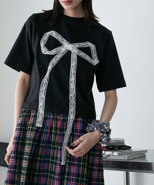 DOUBLE STANDARD CLOTHING◆24SS/レースドッキンググラフィックTシャツ/FREE/コットン/WHT/プリント/0208-490-241 Amazon | [ダブルスタンダードクロージング] レースドッキング