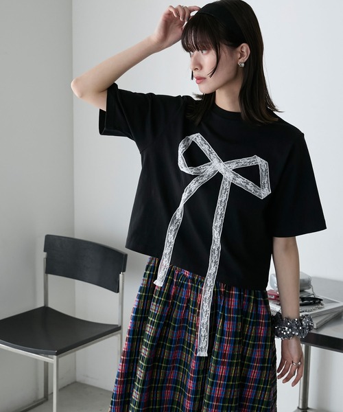 forksy.(フォルクシー)の「【forksy.】レースリボンドッキングTシャツ(Tシャツ/カットソー・レディース・ブラック/オフホワイト・FREE)」の18枚目の写真