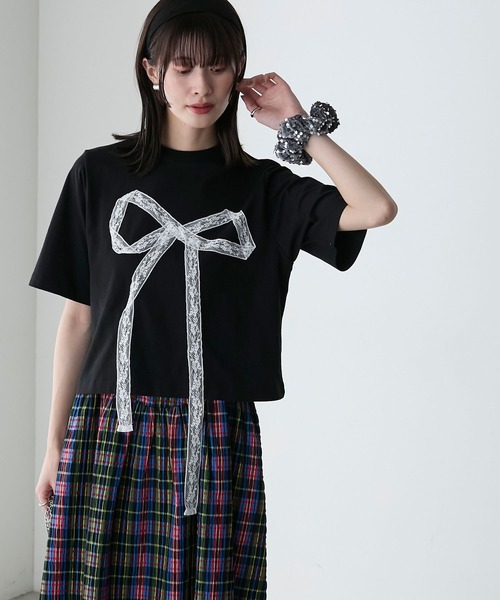 forksy.(フォルクシー)の「【forksy.】レースリボンドッキングTシャツ(Tシャツ/カットソー・レディース・ブラック/オフホワイト・FREE)」の19枚目の写真