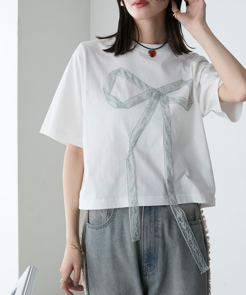 forksy.(フォルクシー)の「【forksy.】レースリボンドッキングTシャツ(Tシャツ/カットソー・レディース・ブラック/オフホワイト・FREE)」の6枚目の写真