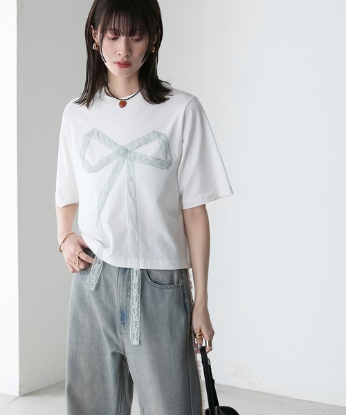 forksy.(フォルクシー)の「【forksy.】レースリボンドッキングTシャツ(Tシャツ/カットソー・レディース・ブラック/オフホワイト・FREE)」の7枚目の写真