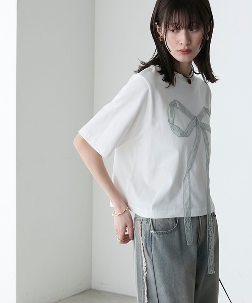 forksy.(フォルクシー)の「【forksy.】レースリボンドッキングTシャツ(Tシャツ/カットソー・レディース・ブラック/オフホワイト・FREE)」の8枚目の写真