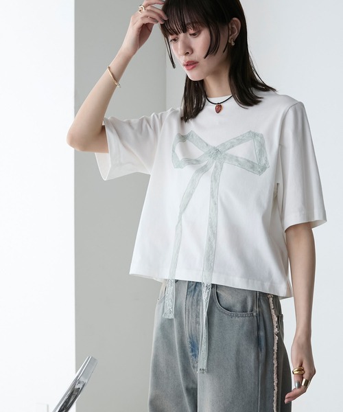forksy.(フォルクシー)の「【forksy.】レースリボンドッキングTシャツ(Tシャツ/カットソー・レディース・ブラック/オフホワイト・FREE)」の15枚目の写真