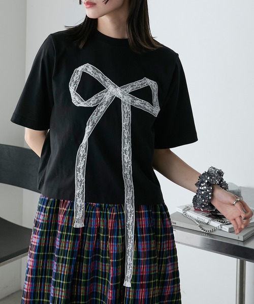 forksy.(フォルクシー)の「【forksy.】レースリボンドッキングTシャツ(Tシャツ/カットソー・レディース・ブラック/オフホワイト・FREE)」の5枚目の写真