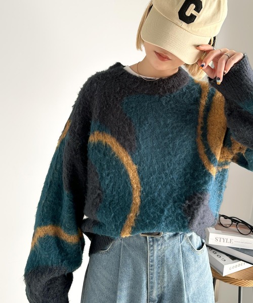 classicalelf（クラシカルエルフ）の「1枚で映える主役級。 ウェーブ柄 ダブル ジャガード シャギー ニット オーバーサイズプルオーバー（ニット/セーター・レディース・ピンク/ライトグレー/オレンジ/ネイビー・MEDIUM/X-LARGE/SMALL/LARGE）」の22枚目の写真