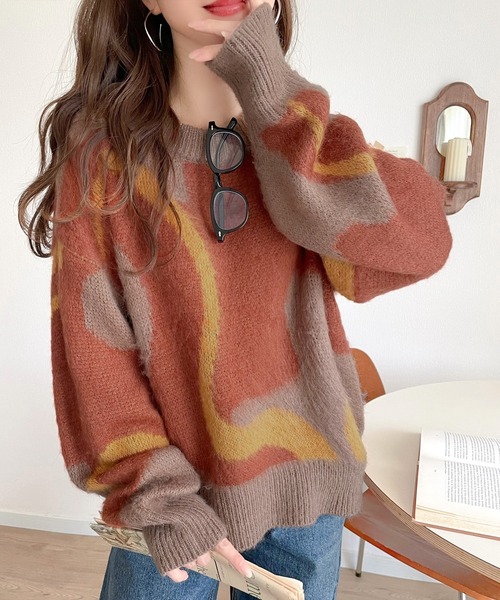 セール】1枚で映える主役級。 ウェーブ柄 ダブル ジャガード シャギー