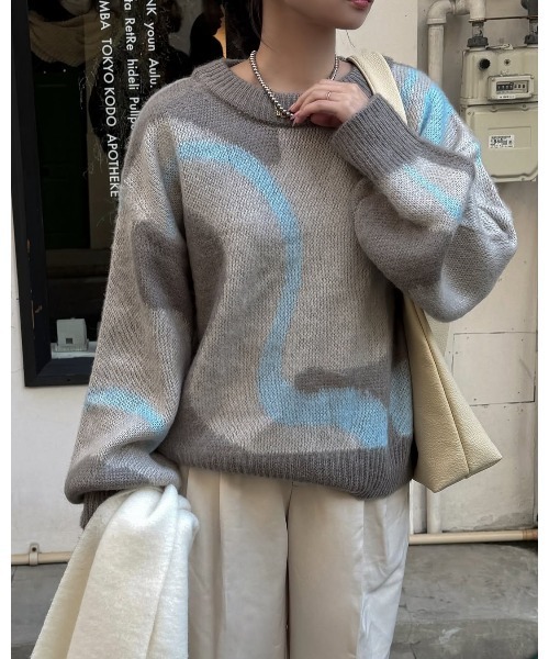 classicalelf（クラシカルエルフ）の「1枚で映える主役級。 ウェーブ柄 ダブル ジャガード シャギー ニット オーバーサイズプルオーバー（ニット/セーター・レディース・ピンク/ライトグレー/オレンジ/ネイビー・MEDIUM/X-LARGE/SMALL/LARGE）」の15枚目の写真