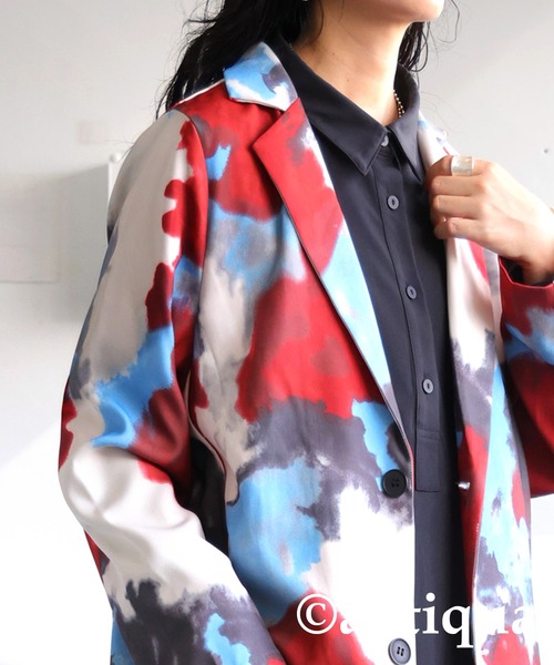 美品❣️特注 着物帯で作製の 柄 ジャケット 水彩柄ジャケット（テーラードジャケット）｜antiqua