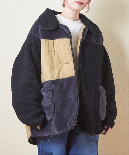 CUBE SUGAR(キューブシュガー)の「ボア×ファー×キルトミックス切替ビッグコート(ミリタリージャケット・レディース・ナチュラル/ブラック/ブラウン・M)」の2枚目の写真