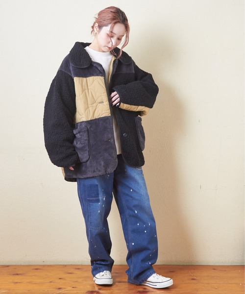 CUBE SUGAR(キューブシュガー)の「ボア×ファー×キルトミックス切替ビッグコート(ミリタリージャケット・レディース・ナチュラル/ブラック/ブラウン・M)」の7枚目の写真