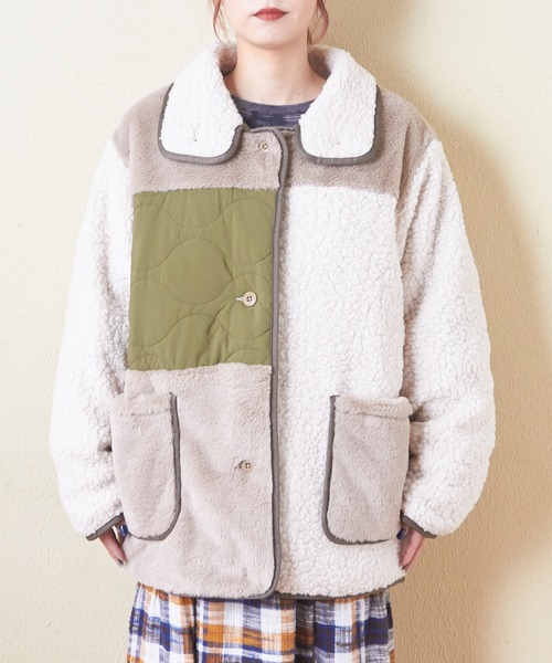 CUBE SUGAR(キューブシュガー)の「ボア×ファー×キルトミックス切替ビッグコート(ミリタリージャケット・レディース・ナチュラル/ブラック/ブラウン・M)」の13枚目の写真