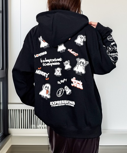 セール】一目惚れ チル映え グラフィック フード 袖 ロゴ 暖か 裏起毛