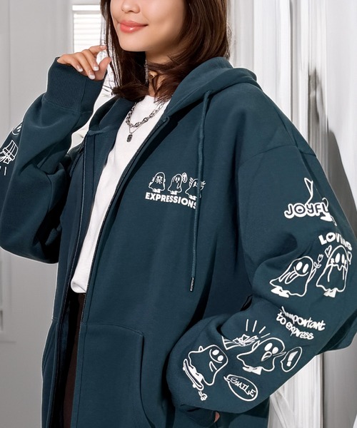 セール】一目惚れ チル映え グラフィック フード 袖 ロゴ 暖か 裏起毛