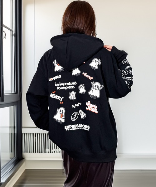 セール】一目惚れ チル映え グラフィック フード 袖 ロゴ 暖か 裏起毛