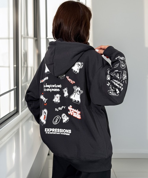 セール】一目惚れ チル映え グラフィック フード 袖 ロゴ 暖か 裏起毛