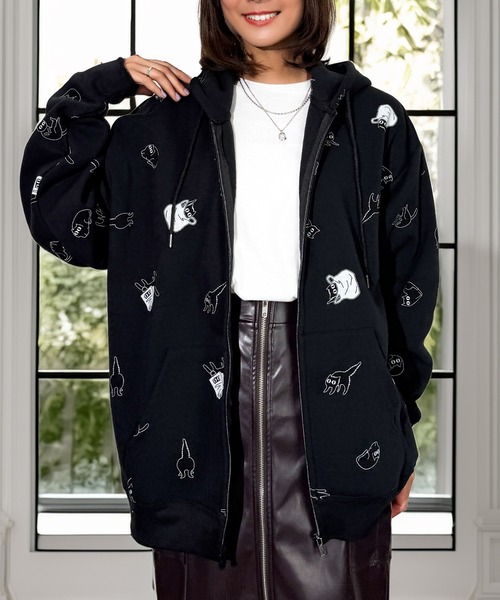 セール】一目惚れ チル映え グラフィック フード 袖 ロゴ 暖か 裏起毛