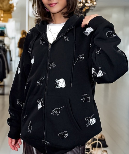 セール】一目惚れ チル映え グラフィック フード 袖 ロゴ 暖か 裏起毛