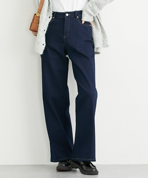 セール】高身長 裏起毛ストレッチデニムワイドパンツ（股下80cm）丈