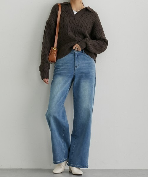 高身長 裏起毛ストレッチデニムワイドパンツ（股下80cm）丈長め