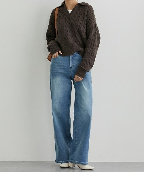 高身長 裏起毛ストレッチデニムワイドパンツ（股下80cm）丈長め