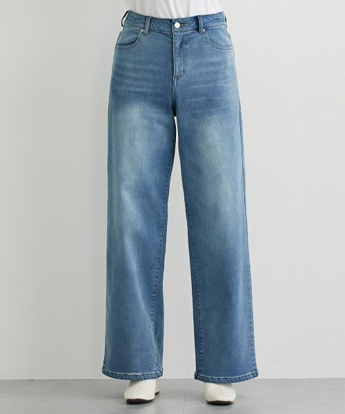 高身長 裏起毛ストレッチデニムワイドパンツ（股下80cm）丈長め