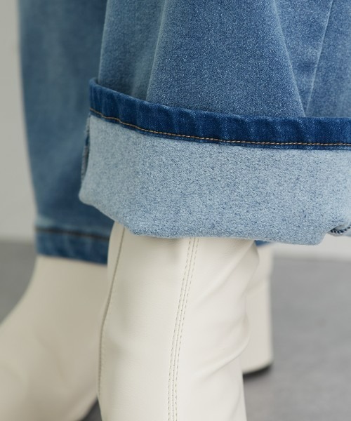 高身長 裏起毛ストレッチデニムワイドパンツ（股下80cm）丈長め