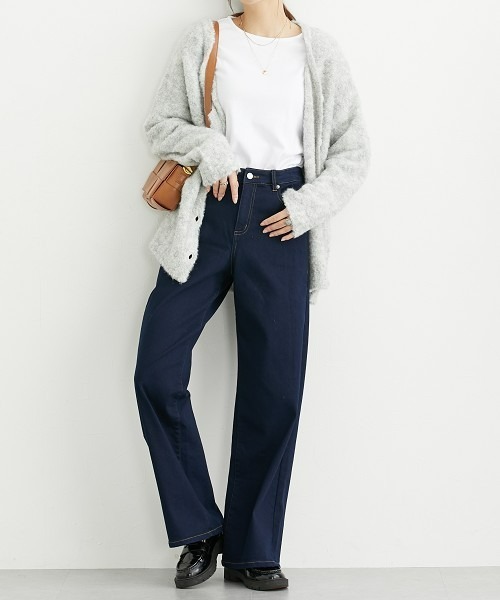 セール】高身長 裏起毛ストレッチデニムワイドパンツ（股下80cm）丈