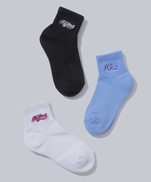 X-girl(エックスガール)の「CHEERFUL LOGO SHORT RIB SOCKS(ソックス/靴下・レディース・ホワイト/ブラック/ライトブルー・ONE SIZE)」の4枚目の写真