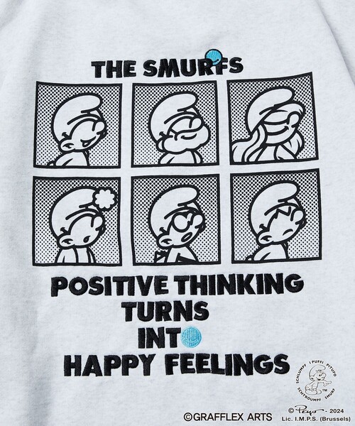 FREAK'S STORE(フリークスストア)の「GRAFFLEX×THE SMURFS/グラフレックス×スマーフ バック刺繍プリントデザイン クルーネックスウェット(スウェット・メンズ・ブラック/ライトグレー・MEDIUM/LARGE)」の7枚目の写真