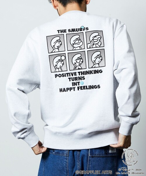 FREAK'S STORE(フリークスストア)の「GRAFFLEX×THE SMURFS/グラフレックス×スマーフ バック刺繍プリントデザイン クルーネックスウェット(スウェット・メンズ・ブラック/ライトグレー・MEDIUM/LARGE)」の17枚目の写真