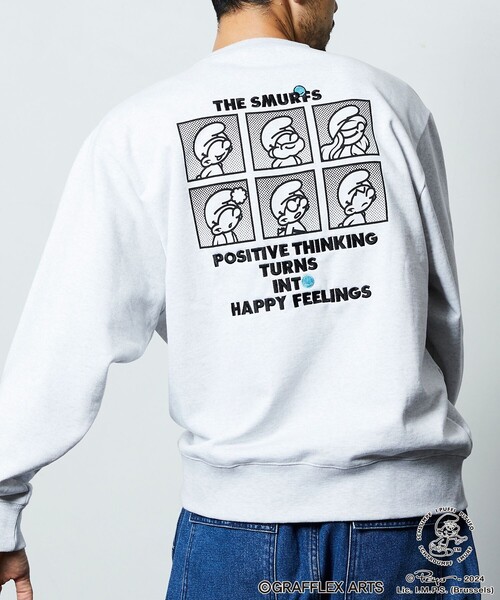 FREAK'S STORE(フリークスストア)の「GRAFFLEX×THE SMURFS/グラフレックス×スマーフ バック刺繍プリントデザイン クルーネックスウェット(スウェット・メンズ・ブラック/ライトグレー・MEDIUM/LARGE)」の18枚目の写真